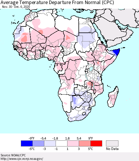 Africa Average Temperature Departure from Normal (CPC) Thematic Map For 11/30/2020 - 12/6/2020