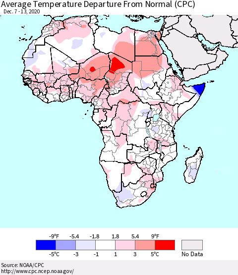 Africa Average Temperature Departure from Normal (CPC) Thematic Map For 12/7/2020 - 12/13/2020