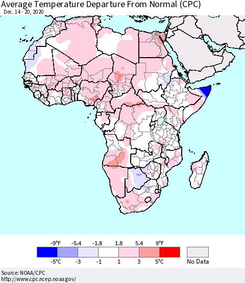 Africa Average Temperature Departure from Normal (CPC) Thematic Map For 12/14/2020 - 12/20/2020