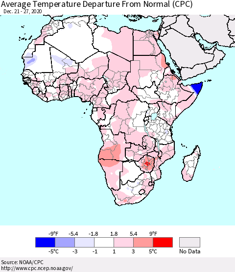 Africa Average Temperature Departure from Normal (CPC) Thematic Map For 12/21/2020 - 12/27/2020