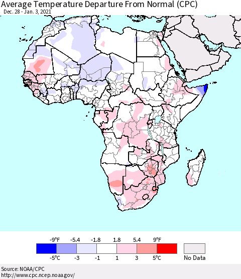 Africa Average Temperature Departure from Normal (CPC) Thematic Map For 12/28/2020 - 1/3/2021
