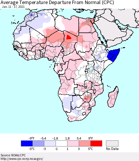 Africa Average Temperature Departure from Normal (CPC) Thematic Map For 1/11/2021 - 1/17/2021