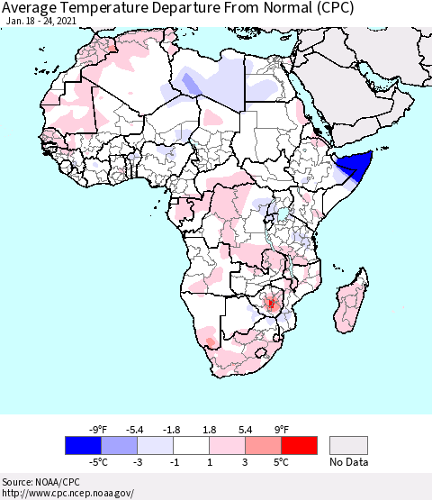Africa Average Temperature Departure from Normal (CPC) Thematic Map For 1/18/2021 - 1/24/2021