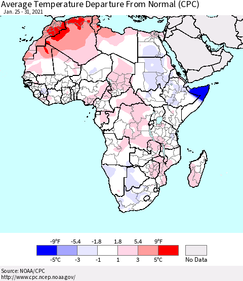 Africa Average Temperature Departure from Normal (CPC) Thematic Map For 1/25/2021 - 1/31/2021