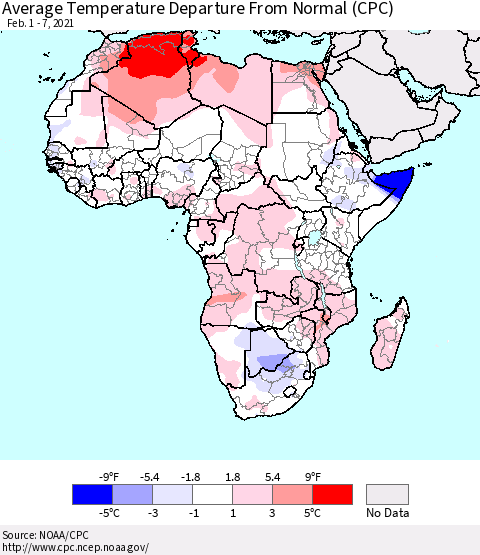 Africa Average Temperature Departure from Normal (CPC) Thematic Map For 2/1/2021 - 2/7/2021