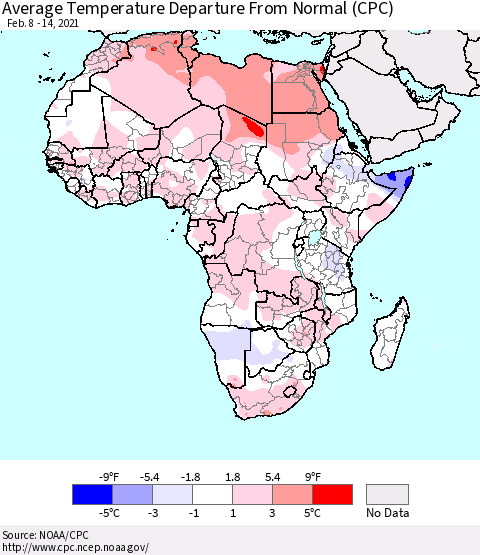 Africa Average Temperature Departure From Normal (CPC) Thematic Map For 2/8/2021 - 2/14/2021