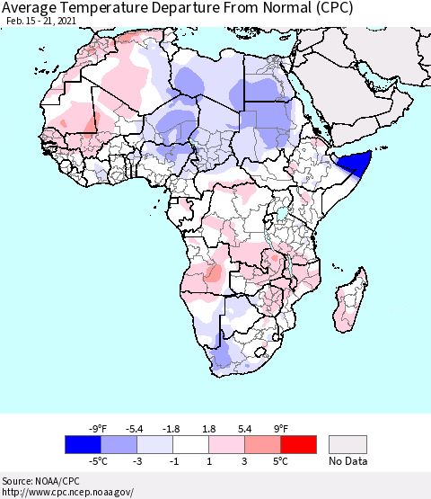 Africa Average Temperature Departure From Normal (CPC) Thematic Map For 2/15/2021 - 2/21/2021