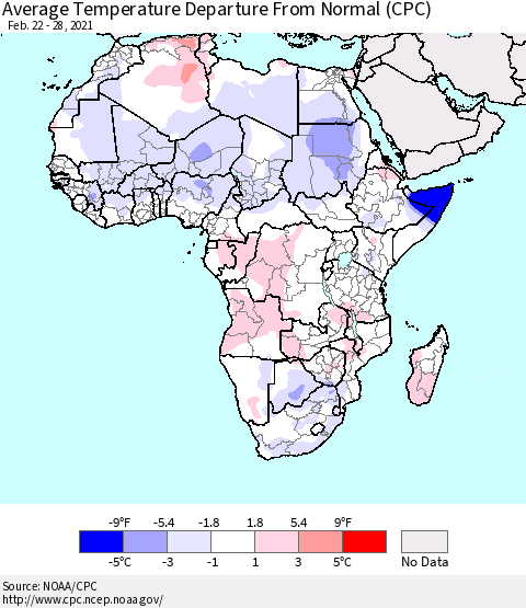 Africa Average Temperature Departure from Normal (CPC) Thematic Map For 2/22/2021 - 2/28/2021