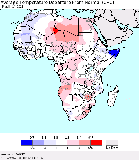 Africa Average Temperature Departure from Normal (CPC) Thematic Map For 3/8/2021 - 3/14/2021