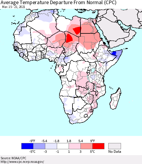 Africa Average Temperature Departure from Normal (CPC) Thematic Map For 3/15/2021 - 3/21/2021