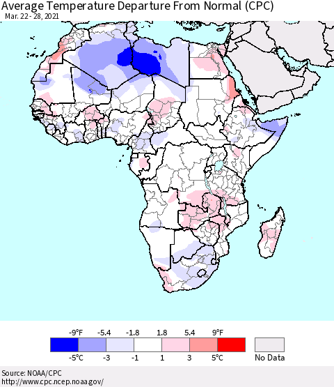 Africa Average Temperature Departure from Normal (CPC) Thematic Map For 3/22/2021 - 3/28/2021