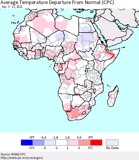 Africa Average Temperature Departure from Normal (CPC) Thematic Map For 4/5/2021 - 4/11/2021