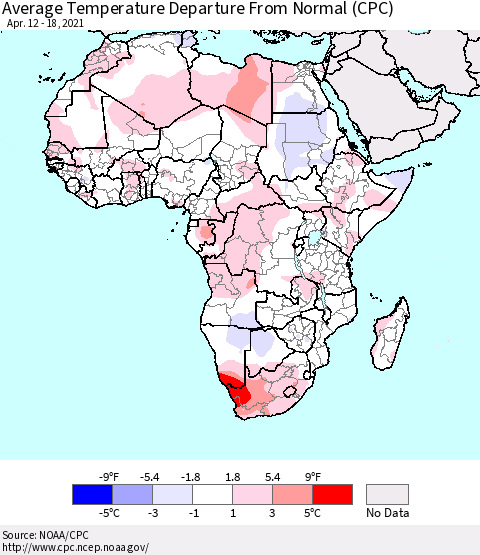 Africa Average Temperature Departure from Normal (CPC) Thematic Map For 4/12/2021 - 4/18/2021