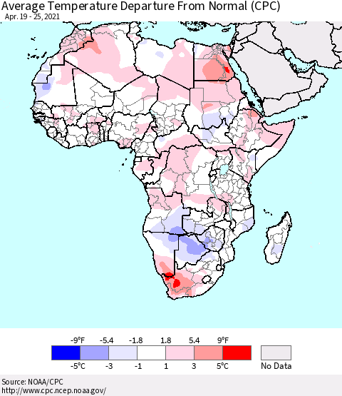 Africa Average Temperature Departure from Normal (CPC) Thematic Map For 4/19/2021 - 4/25/2021