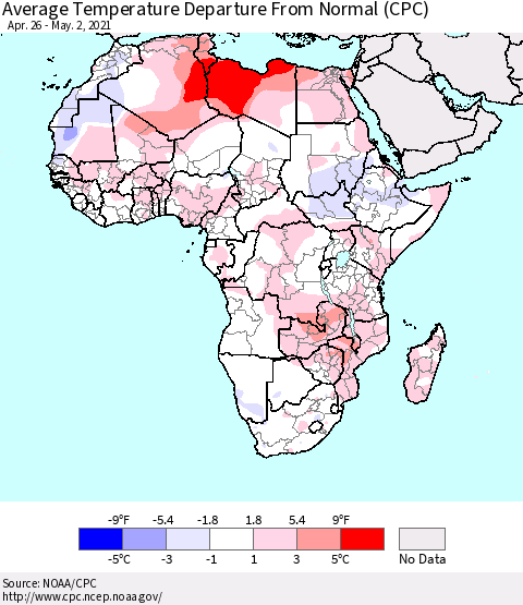 Africa Average Temperature Departure from Normal (CPC) Thematic Map For 4/26/2021 - 5/2/2021
