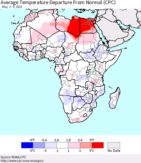 Africa Average Temperature Departure from Normal (CPC) Thematic Map For 5/3/2021 - 5/9/2021