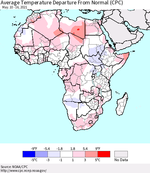 Africa Average Temperature Departure from Normal (CPC) Thematic Map For 5/10/2021 - 5/16/2021