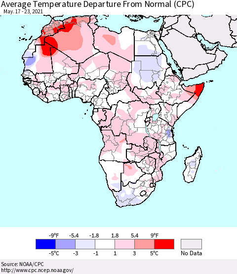Africa Average Temperature Departure from Normal (CPC) Thematic Map For 5/17/2021 - 5/23/2021