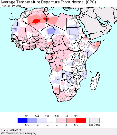 Africa Average Temperature Departure from Normal (CPC) Thematic Map For 5/24/2021 - 5/30/2021