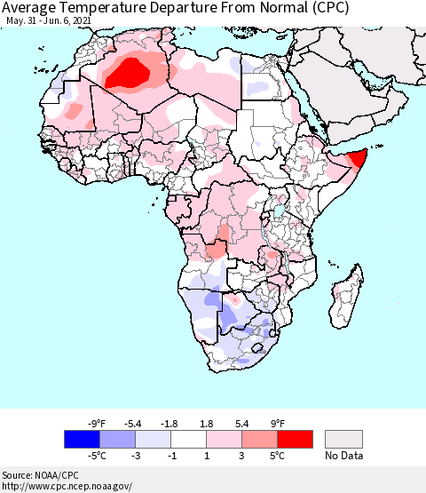 Africa Average Temperature Departure from Normal (CPC) Thematic Map For 5/31/2021 - 6/6/2021