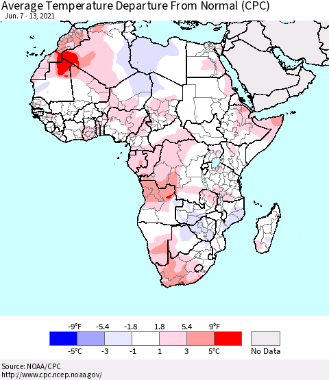 Africa Average Temperature Departure from Normal (CPC) Thematic Map For 6/7/2021 - 6/13/2021
