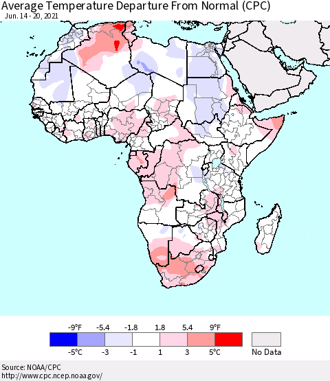 Africa Average Temperature Departure from Normal (CPC) Thematic Map For 6/14/2021 - 6/20/2021