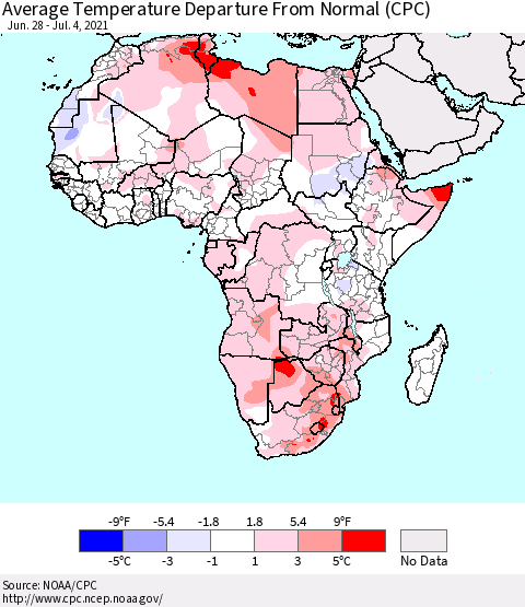 Africa Average Temperature Departure from Normal (CPC) Thematic Map For 6/28/2021 - 7/4/2021