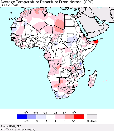 Africa Average Temperature Departure from Normal (CPC) Thematic Map For 7/5/2021 - 7/11/2021