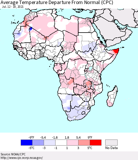 Africa Average Temperature Departure from Normal (CPC) Thematic Map For 7/12/2021 - 7/18/2021