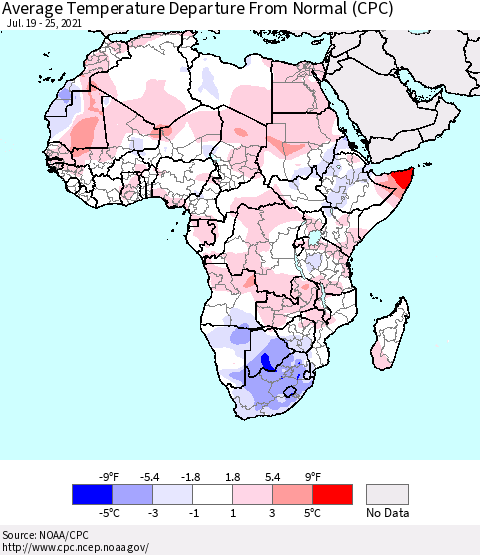 Africa Average Temperature Departure from Normal (CPC) Thematic Map For 7/19/2021 - 7/25/2021