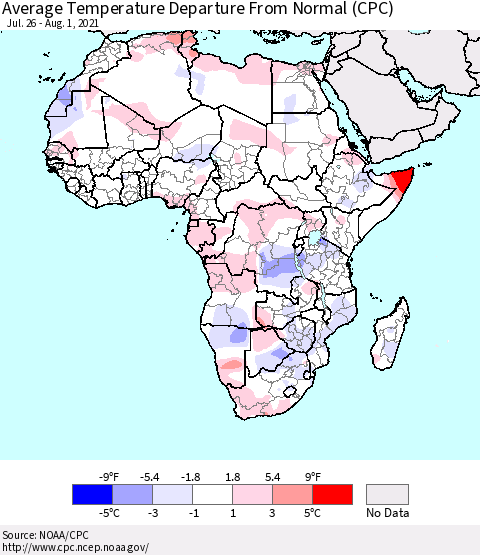 Africa Average Temperature Departure from Normal (CPC) Thematic Map For 7/26/2021 - 8/1/2021