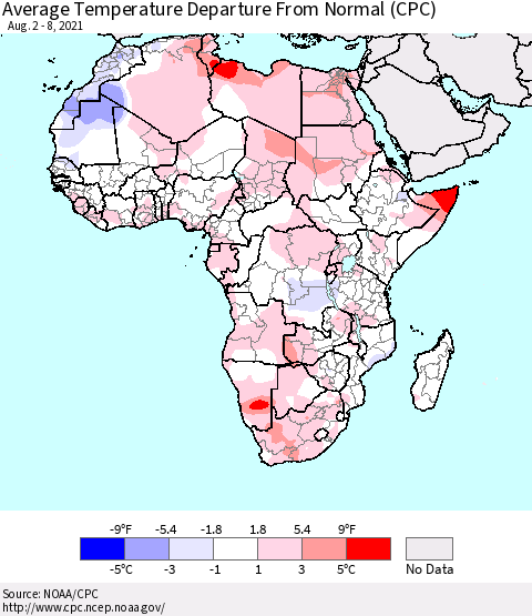 Africa Average Temperature Departure from Normal (CPC) Thematic Map For 8/2/2021 - 8/8/2021