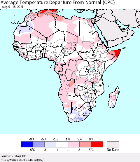 Africa Average Temperature Departure from Normal (CPC) Thematic Map For 8/9/2021 - 8/15/2021