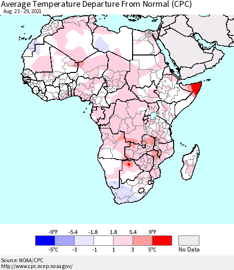 Africa Average Temperature Departure from Normal (CPC) Thematic Map For 8/23/2021 - 8/29/2021