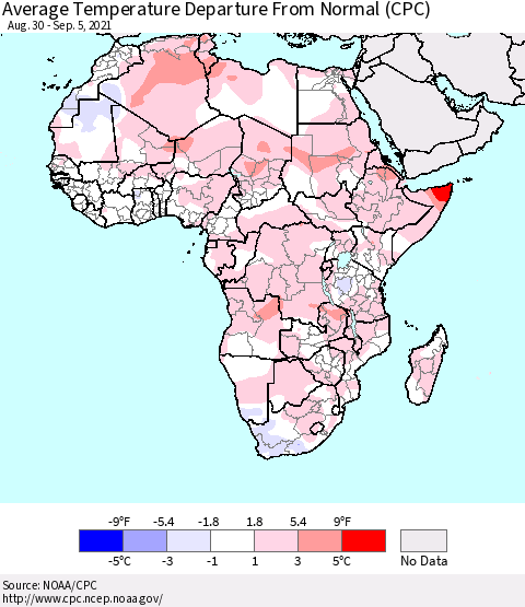 Africa Average Temperature Departure from Normal (CPC) Thematic Map For 8/30/2021 - 9/5/2021