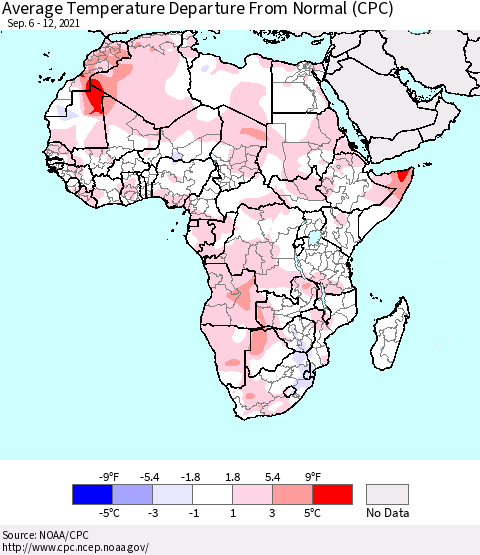 Africa Average Temperature Departure from Normal (CPC) Thematic Map For 9/6/2021 - 9/12/2021