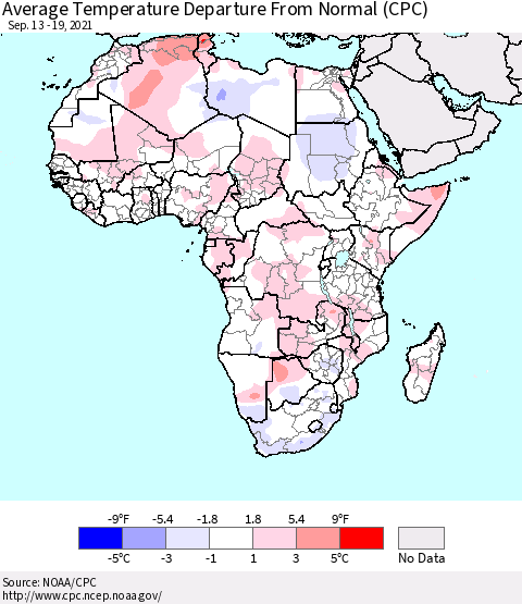 Africa Average Temperature Departure from Normal (CPC) Thematic Map For 9/13/2021 - 9/19/2021
