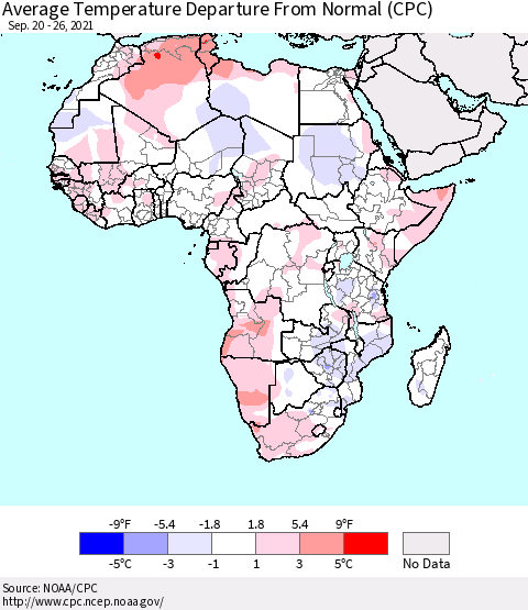 Africa Average Temperature Departure from Normal (CPC) Thematic Map For 9/20/2021 - 9/26/2021