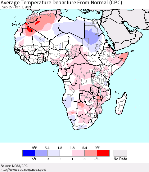 Africa Average Temperature Departure from Normal (CPC) Thematic Map For 9/27/2021 - 10/3/2021