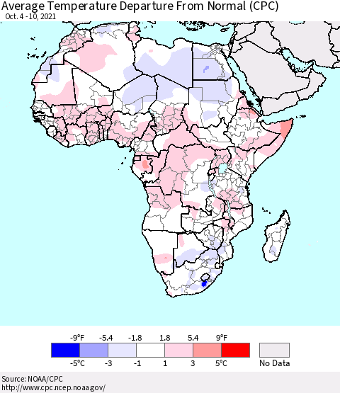 Africa Average Temperature Departure from Normal (CPC) Thematic Map For 10/4/2021 - 10/10/2021