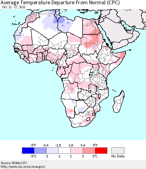 Africa Average Temperature Departure from Normal (CPC) Thematic Map For 10/11/2021 - 10/17/2021