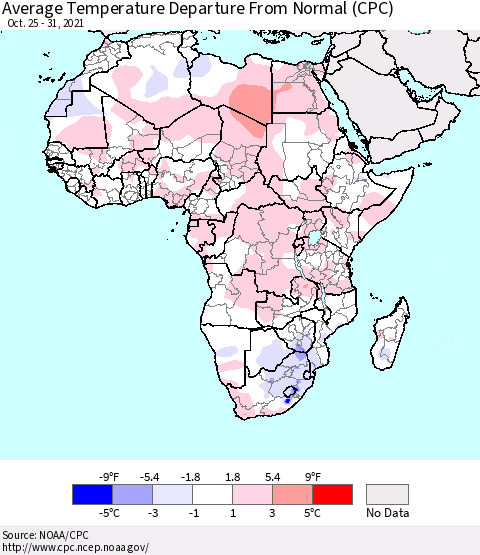 Africa Average Temperature Departure from Normal (CPC) Thematic Map For 10/25/2021 - 10/31/2021