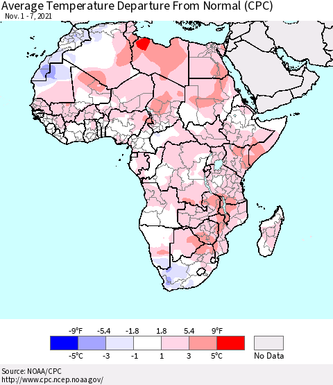 Africa Average Temperature Departure from Normal (CPC) Thematic Map For 11/1/2021 - 11/7/2021