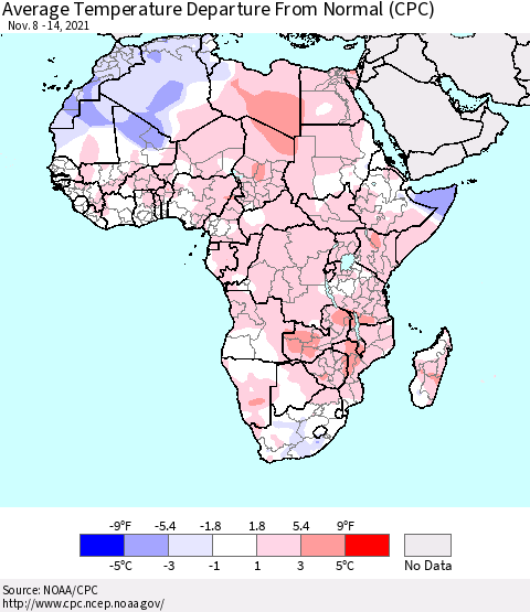 Africa Average Temperature Departure from Normal (CPC) Thematic Map For 11/8/2021 - 11/14/2021