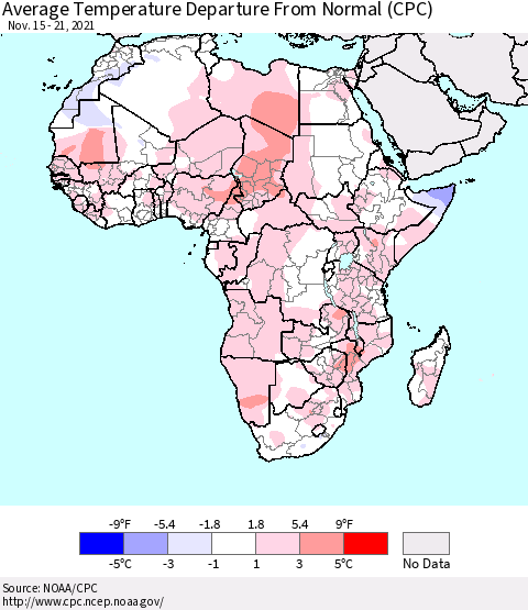 Africa Average Temperature Departure from Normal (CPC) Thematic Map For 11/15/2021 - 11/21/2021