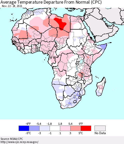 Africa Average Temperature Departure from Normal (CPC) Thematic Map For 11/22/2021 - 11/28/2021