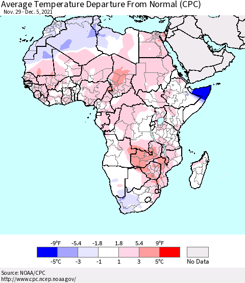 Africa Average Temperature Departure from Normal (CPC) Thematic Map For 11/29/2021 - 12/5/2021