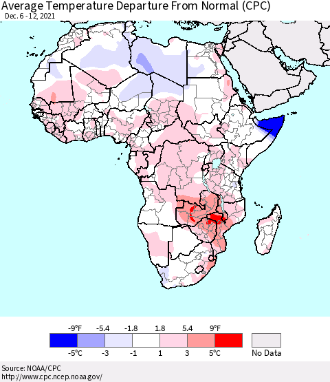 Africa Average Temperature Departure from Normal (CPC) Thematic Map For 12/6/2021 - 12/12/2021