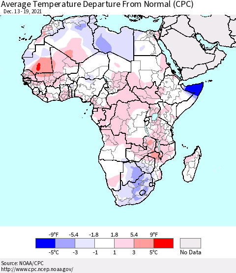 Africa Average Temperature Departure from Normal (CPC) Thematic Map For 12/13/2021 - 12/19/2021