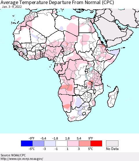 Africa Average Temperature Departure from Normal (CPC) Thematic Map For 1/3/2022 - 1/9/2022